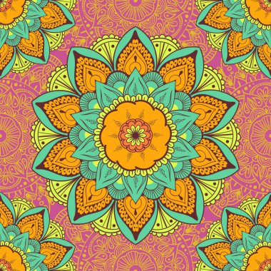 Çiçeksel güdüleri olan kusursuz etnik düzen. Kumaş ve kağıt için mandala stilize baskı şablonu. Boho şık tasarım. Yaz modası.