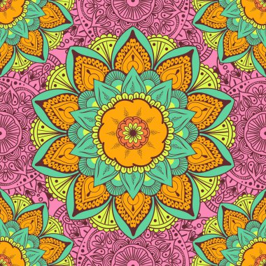 Çiçeksel güdüleri olan kusursuz etnik düzen. Kumaş ve kağıt için mandala stilize baskı şablonu. Boho şık tasarım. Yaz modası.