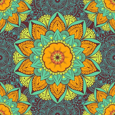 Çiçeksel güdüleri olan kusursuz etnik düzen. Kumaş ve kağıt için mandala stilize baskı şablonu. Boho şık tasarım. Yaz modası.