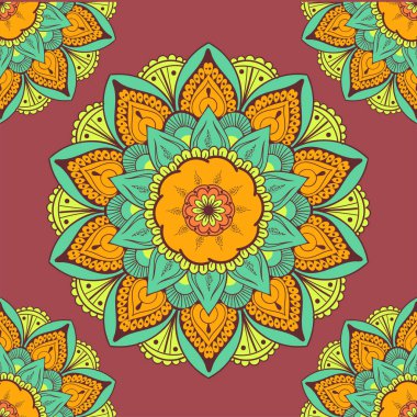 Çiçeksel güdüleri olan kusursuz etnik düzen. Kumaş ve kağıt için mandala stilize baskı şablonu. Boho şık tasarım. Yaz modası.