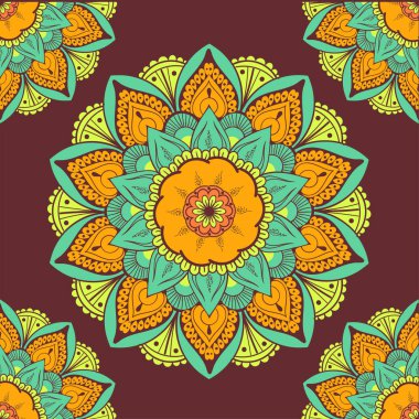 Çiçeksel güdüleri olan kusursuz etnik düzen. Kumaş ve kağıt için mandala stilize baskı şablonu. Boho şık tasarım. Yaz modası.