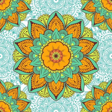 Çiçeksel güdüleri olan kusursuz etnik düzen. Kumaş ve kağıt için mandala stilize baskı şablonu. Boho şık tasarım. Yaz modası.