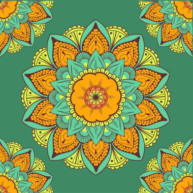 Çiçeksel güdüleri olan kusursuz etnik düzen. Kumaş ve kağıt için mandala stilize baskı şablonu. Boho şık tasarım. Yaz modası.