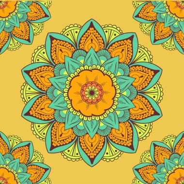 Çiçeksel güdüleri olan kusursuz etnik düzen. Kumaş ve kağıt için mandala stilize baskı şablonu. Boho şık tasarım. Yaz modası.