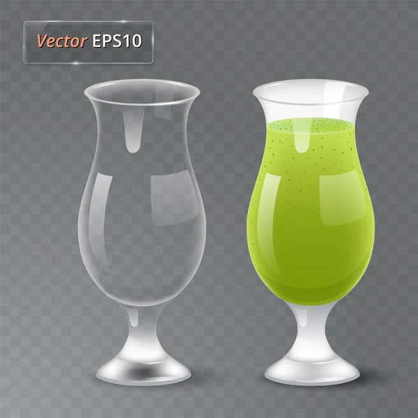 Jugo y un vaso vacío. Bebida orgánica de frutas. Dieta saludable. Comer limpio. Vidrio alto con bebida. Fotografía transparente ilustración vectorial realista . — Vector de stock