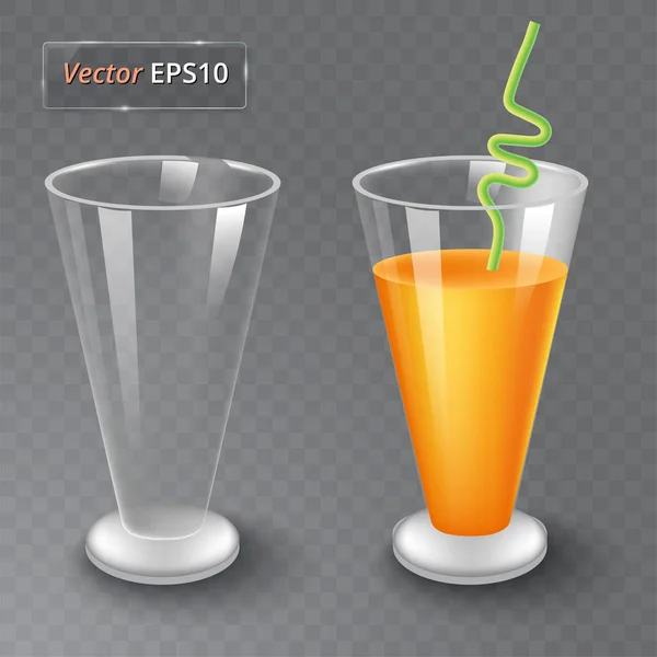 Juice och ett tomt glas. Frukt ekologisk dryck. Hälsosam kost. Rengöra äta. Högt glas med dryck. Transparent foto realistisk vektorillustration. — Stock vektor