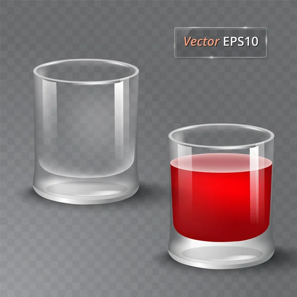 Du jus et un verre vide. Boisson biologique aux fruits. Une alimentation saine. Manger propre. Grand verre avec boisson. Illustration vectorielle photo réaliste transparente . — Image vectorielle