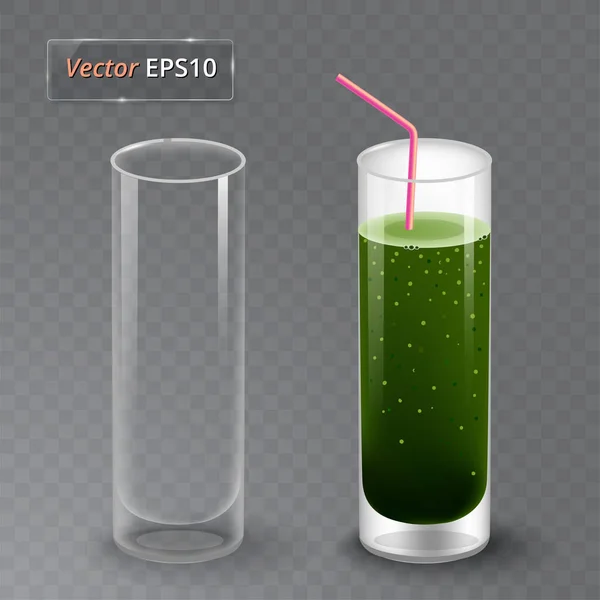 Juice och ett tomt glas. Frukt ekologisk dryck. Hälsosam kost. Rengöra äta. Högt glas med dryck. Transparent foto realistisk vektorillustration. — Stock vektor