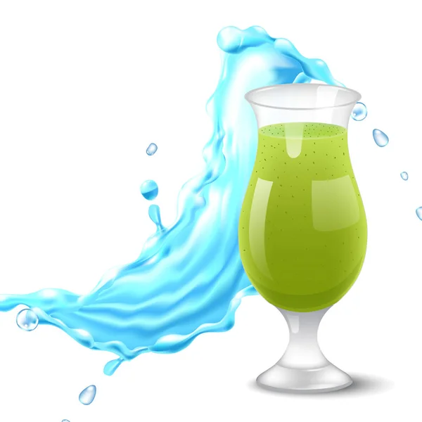 Spruzzi d'acqua nei colori blu intorno ad un bicchiere trasparente con succo . — Vettoriale Stock