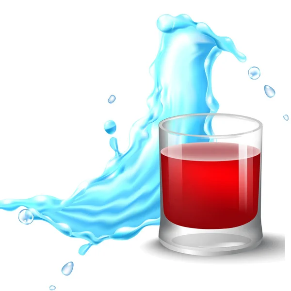 Spruzzi d'acqua nei colori blu intorno ad un bicchiere trasparente con succo . — Vettoriale Stock