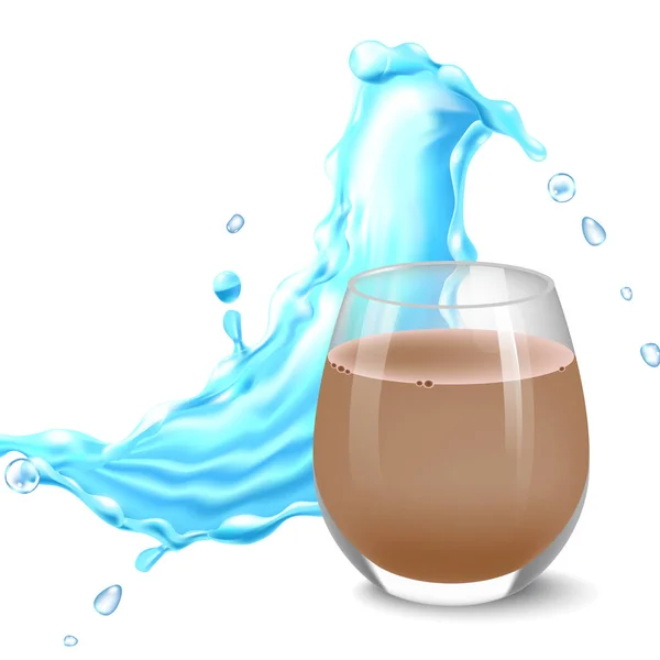 Spruzzi d'acqua nei colori blu intorno ad un bicchiere trasparente con succo . — Vettoriale Stock