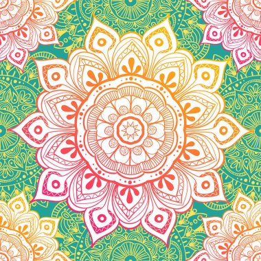 Çiçeksel güdüleri olan kusursuz etnik düzen. Kumaş ve kağıt için mandala stilize baskı şablonu. Boho şık tasarım. Yaz modası.