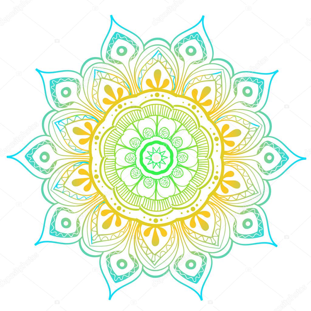 Mandala Vector Design Element. Round ornament decoration. Colorful flower pattern. Stylized floral motif. Chakra symbol for meditation yoga logo. Complex flourish weave medallion. Tattoo print