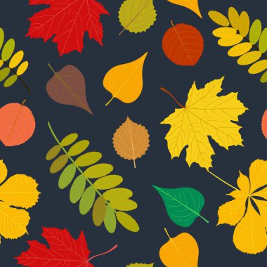 Dikişsiz sonbahar desen turuncu, sarı, kahverengi kırmızı sonbahar orman rowan, huş ağacı, ağaç yaprakları ve otlar. Duvar kağıdı, arka plan güzel, şirin, trendy parlak baskı