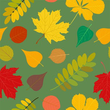 Dikişsiz sonbahar desen turuncu, sarı, kahverengi kırmızı sonbahar orman rowan, huş ağacı, ağaç yaprakları ve otlar. Duvar kağıdı, arka plan güzel, şirin, trendy parlak baskı