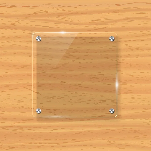 Plaque de verre transparent maquette. Fond en bois jaune. Élément de design graphique décoratif. Panneau brillant en plastique avec réflexion, ombre . — Image vectorielle