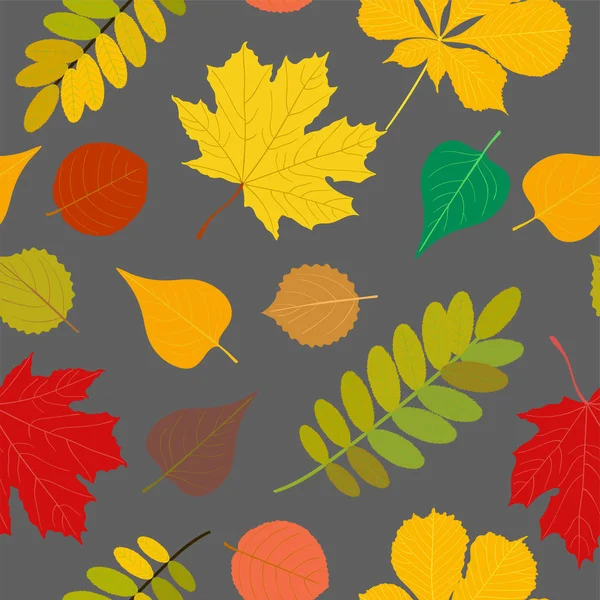 Seamless Autumn pattern Orange, yellow, brown red fall forest rowan, birch, tree leaves and herbs. Wallpaper, background beautiful, cute, trendy bright print — Stock Vector