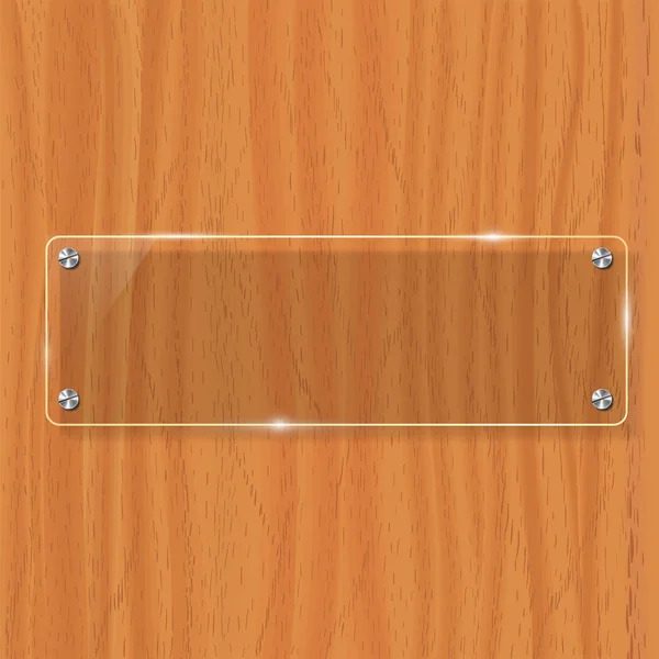 Placa de vidrio transparente se burlan. Fondo de madera amarillo. Elemento decorativo de diseño gráfico. Panel de plástico brillante con reflexión, sombra . — Archivo Imágenes Vectoriales