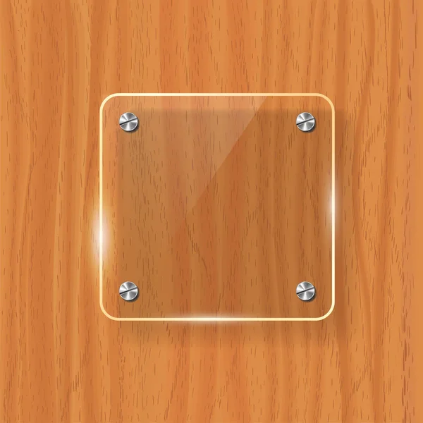 Placa de vidrio transparente se burlan. Fondo de madera amarillo. Elemento decorativo de diseño gráfico. Panel de plástico brillante con reflexión, sombra . — Vector de stock