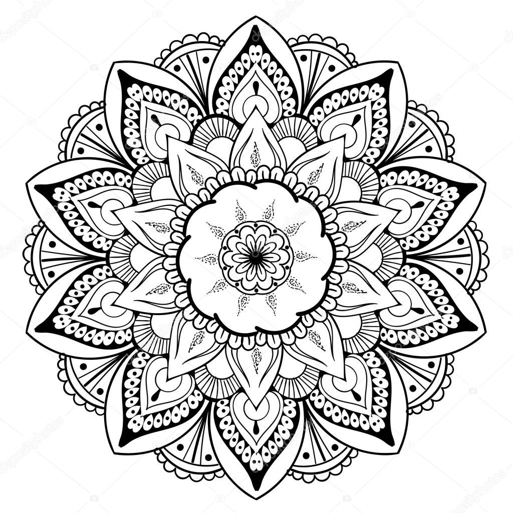 Mandala Vector Design Element. Round ornament decoration. Colorful flower pattern. Stylized floral motif. Chakra symbol for meditation yoga logo. Complex flourish weave medallion. Tattoo print