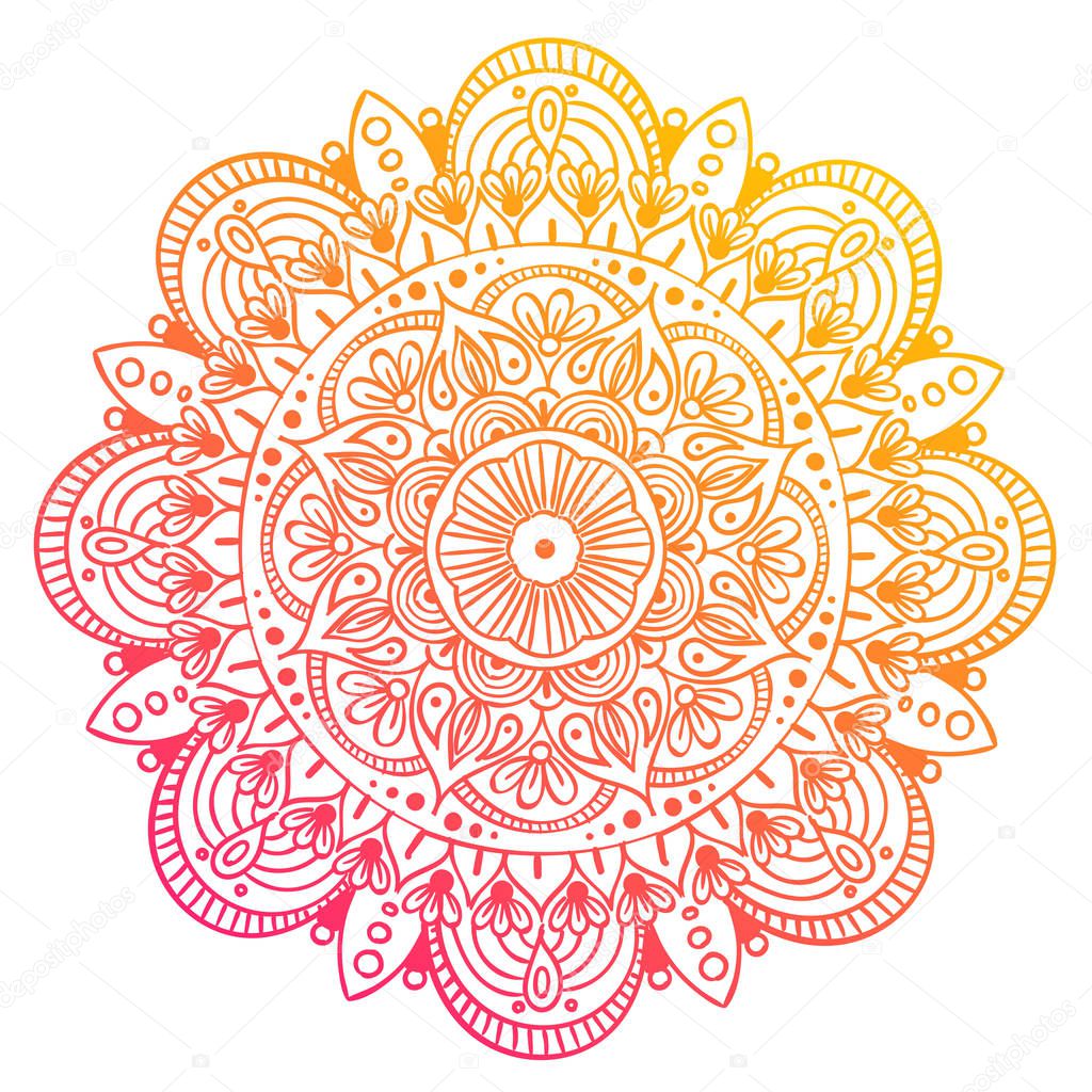 Mandala Vector Design Element. Round ornament decoration. Colorful flower pattern. Stylized floral motif. Chakra symbol for meditation yoga logo. Complex flourish weave medallion. Tattoo print