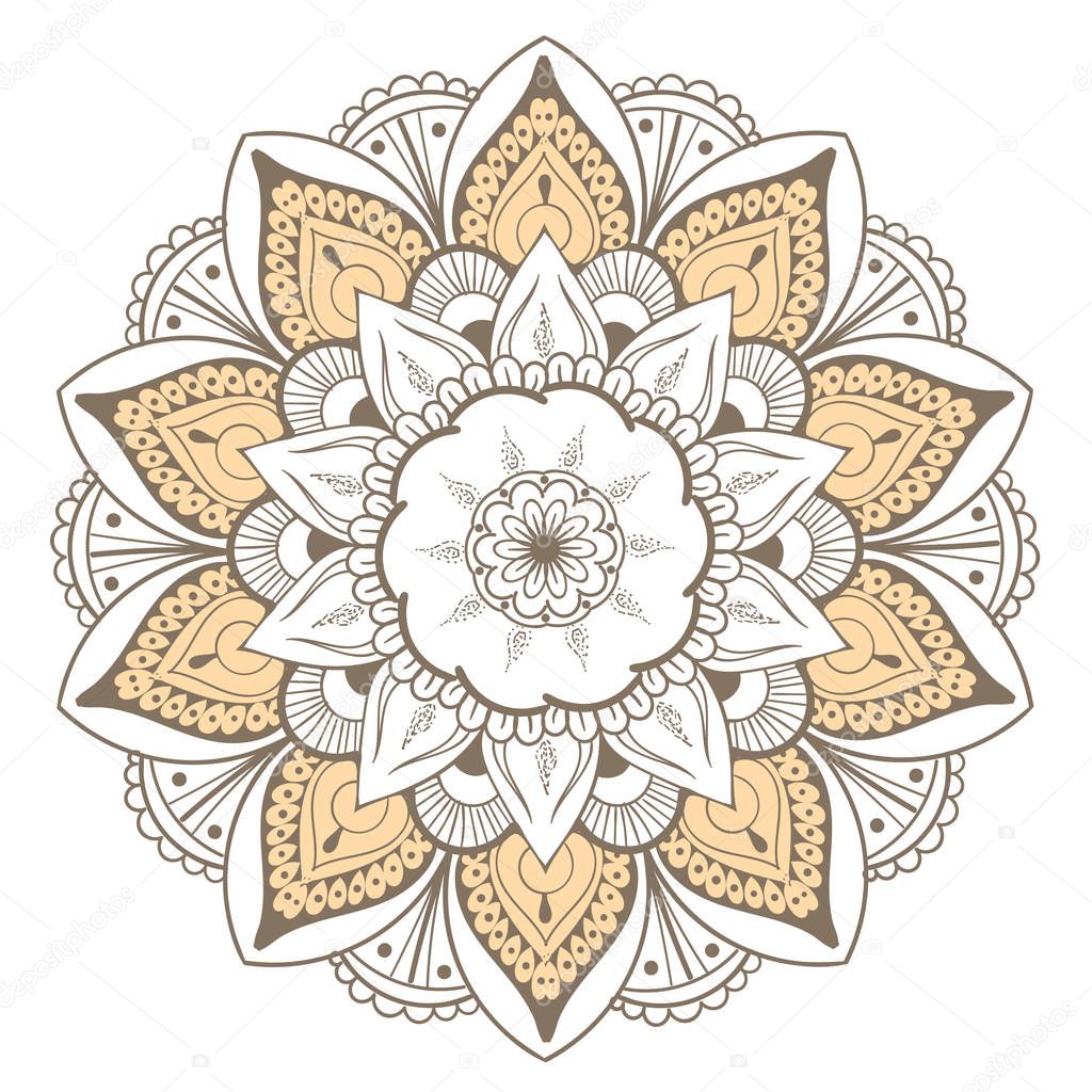 Mandala Vector Design Element. Round ornament decoration. Colorful flower pattern. Stylized floral motif. Chakra symbol for meditation yoga logo. Complex flourish weave medallion. Tattoo print