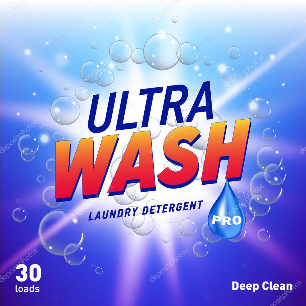 Detergent advertising concept design for product packaging in blue color. Vector illustration