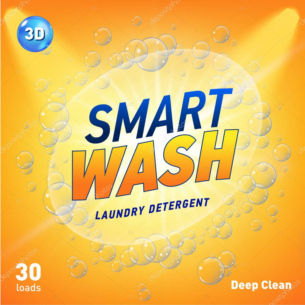 Detergent advertising concept design for product packaging in yellow orange color. Vector illustration