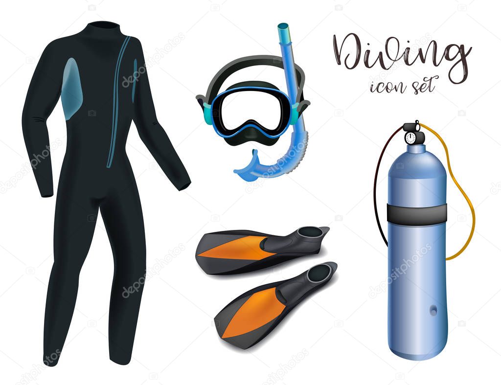 Realistic snorkeling and scuba diving set of elements. Scuba-diving gear isolated. Diver wetsuit, scuba mask, snorkel, fins, regulator dive icons. vector illustration