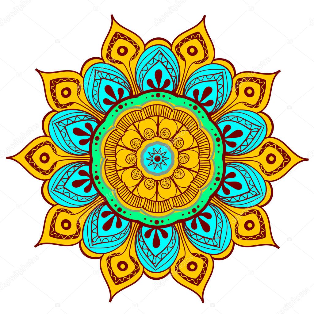 Mandala Vector Design Element. Round ornament decoration. Colorful flower pattern. Stylized floral motif. Chakra symbol for meditation yoga logo. Complex flourish weave medallion. Tattoo print