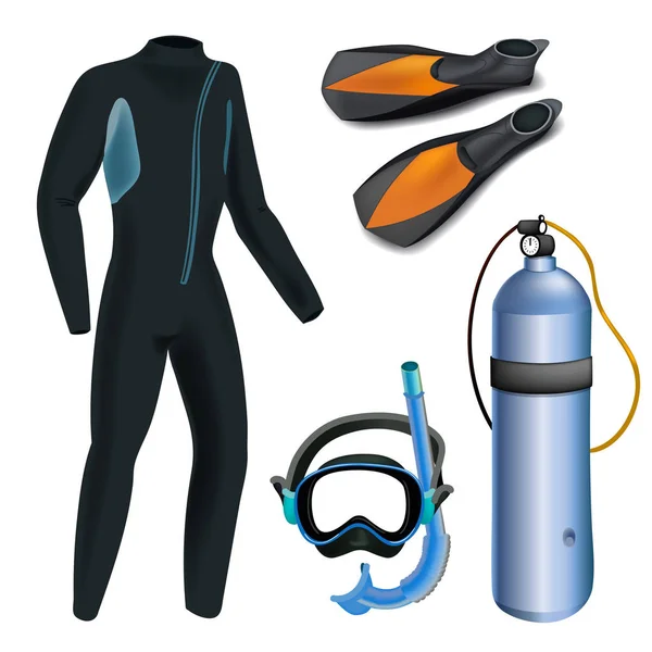 Realista snorkeling e mergulho conjunto de elementos. Engrenagem de mergulho isolada. Fato de mergulho, máscara de mergulho, snorkel, barbatanas, ícones de mergulho regulador . — Vetor de Stock