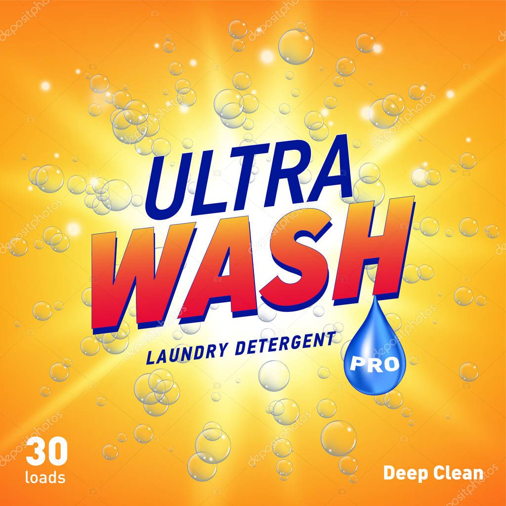 Detergent advertising concept design for product packaging in yellow orange color. Vector illustration