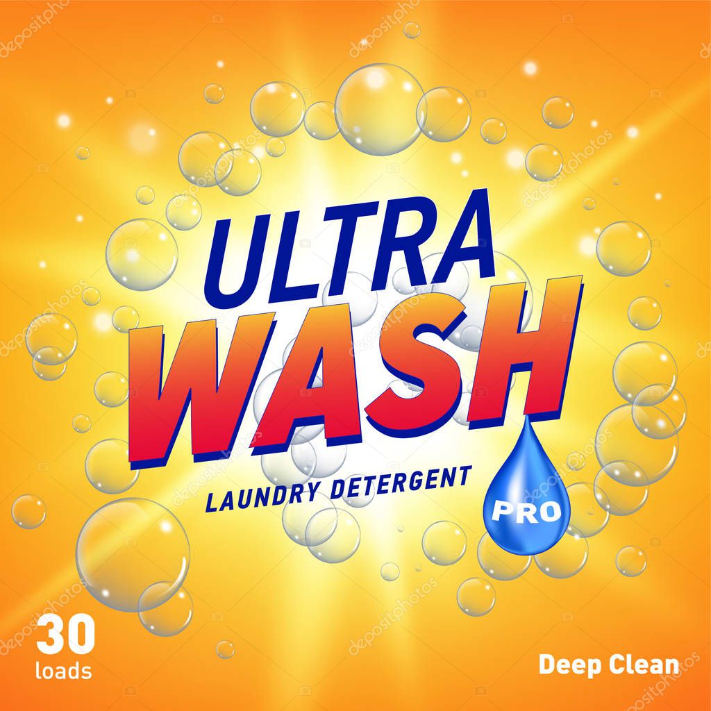 Detergent advertising concept design for product packaging in yellow orange color. Vector illustration