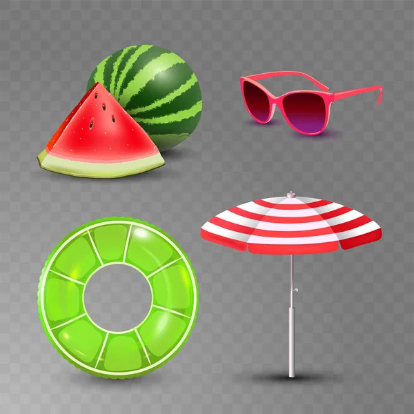 Vector illustration of Realistic summer holidays seaside beach icons set isolated on transparent background — Stock Vector