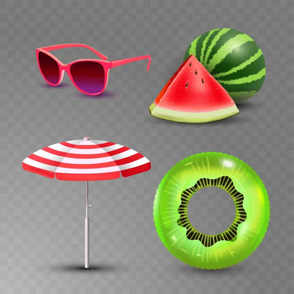 Ilustrasi vektor liburan musim panas yang realistis ikon pantai yang ditetapkan terisolasi pada latar belakang transparan - Stok Vektor