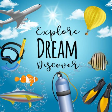 Plaj ve seyahat elemanları ile vektör arka plan. Turizm. Dünyayı dolaşarak. Seyahat acentası, seyahat, Turizm hakkında web siteleri için reklam için arka plan.