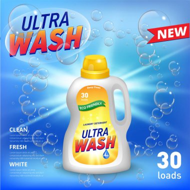 Gerçekçi Plastik Temizleyici konteyner reklam afişi. Sıvı deterjan sabun köpüğü ve girdap üzerinde mavi arka plan ile. Banyo ve tuvalet temizleyici. 3D vektör çizim