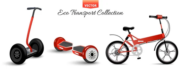 モノラル ホイール分離ローラー スクーター。バイクのバランスをとる。異なるスクーター エコ代替都市交通。リアルなバイク、ホイールをローリングします。サイクルの gyroscooter を押してください。キック スクーターと 1輪車セグウェイ. — ストックベクタ
