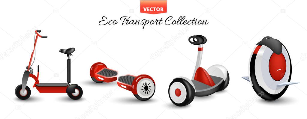 Mono wheel isolated roller scooter. Balance bikes. Different scooters eco alternative city transport. Realistic biking and rolling wheels. Push cycle gyroscooter. Kick scooter and monowheel segway.