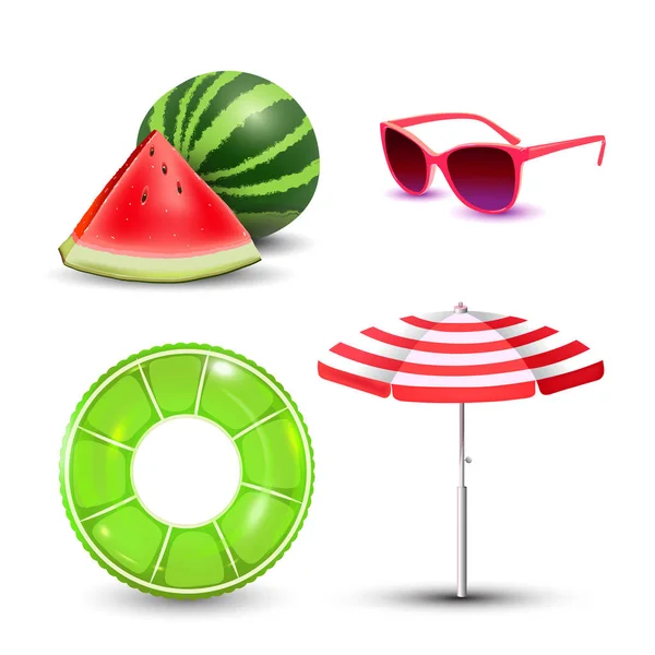 Ilustración vectorial de vacaciones de verano realistas playa iconos establecidos aislados sobre fondo blanco — Vector de stock