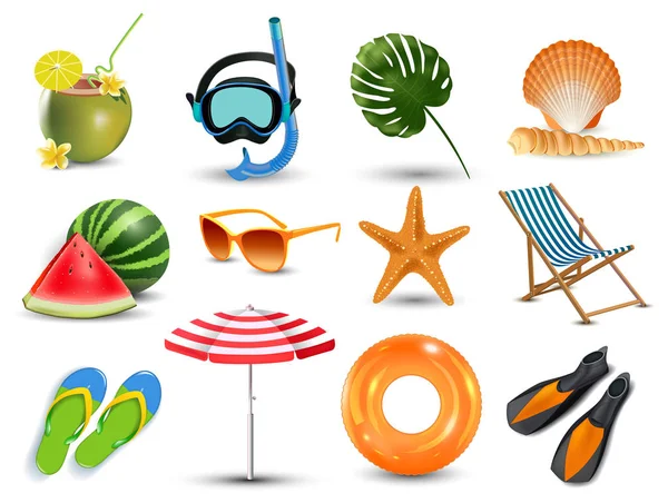 Vector illustration of Realistic summer holidays seaside beach icons set isolated on white background — Stock Vector