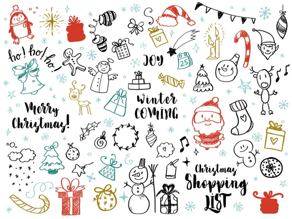 Großes Set weihnachtlicher Designelemente im Doodle-Stil — Stockvektor