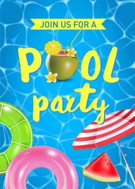 Pool party invitation vector illustration. Top view of swimming pool with pool floats. clipart