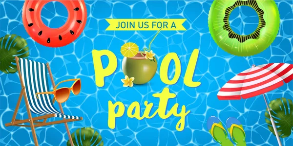 Pool fiesta invitación vector ilustración. Vista superior de la piscina con flotadores de piscina . — Vector de stock