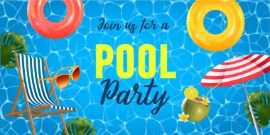Pool party invitation vector illustration. Top view of swimming pool with pool floats. Chair, umbrella, inflatable ring, flippers, palm clipart
