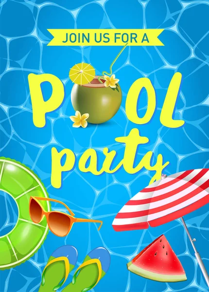 Pool party invitation vector illustration. Top view of swimming pool with pool floats. — Stock Vector