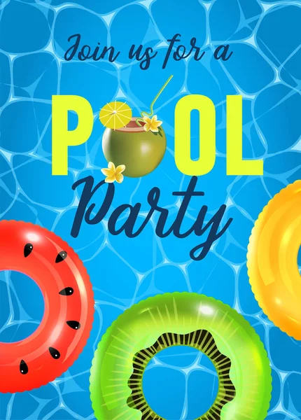 Pool fiesta invitación vector ilustración. Vista superior de la piscina con flotadores de piscina . — Vector de stock