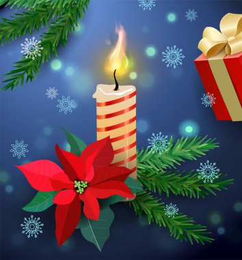 Noel tebrik kartı ile yanan mum, mistltoe çiçek ve hediye kutusu. Yeni Yılınız Kutlu Olsun. Xmas vektör arka plan. Holly Jolly