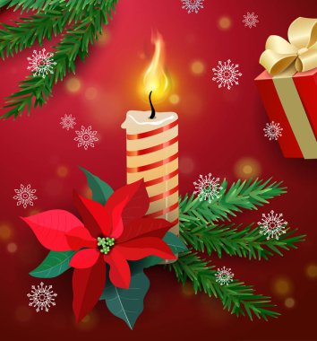 Noel tebrik kartı ile yanan mum, mistltoe çiçek ve hediye kutusu. Yeni Yılınız Kutlu Olsun. Xmas vektör arka plan. Holly Jolly