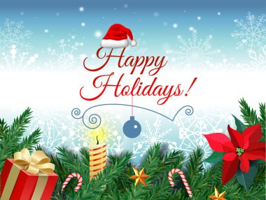 Noel ve yeni yıl. Noel ağacı, hediye kutusu, ökse otu çiçek, yanan muma, karamel kamışı ile vektör tebrik kartı